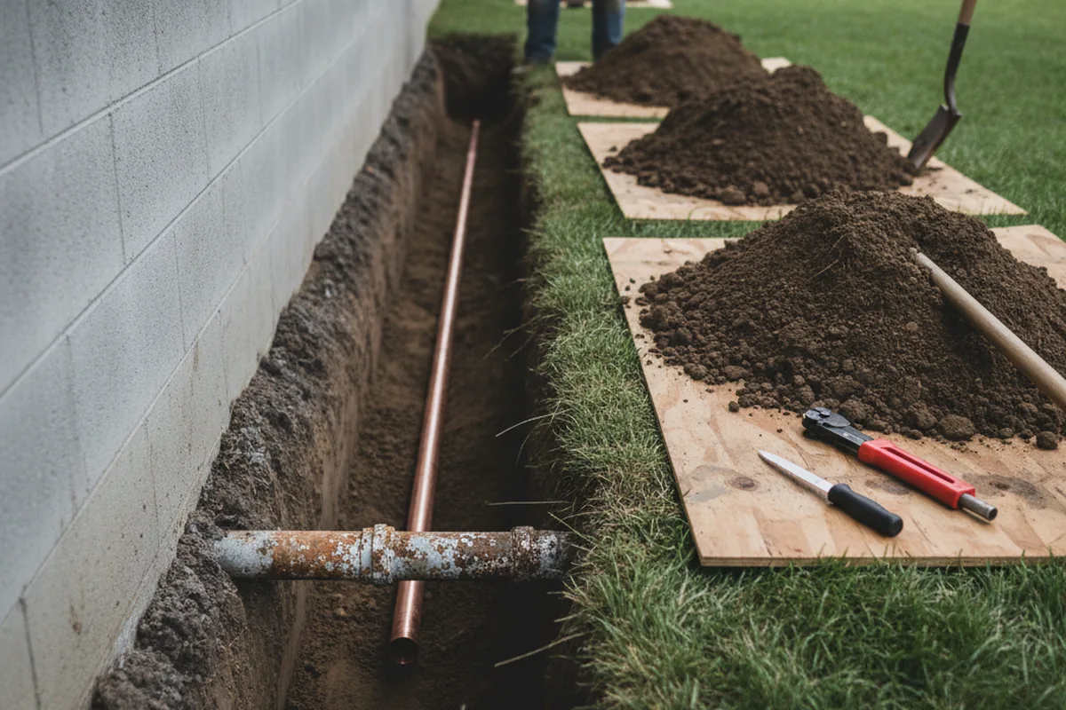 Excavated water line trench during Sewer Line Repair in Lapel